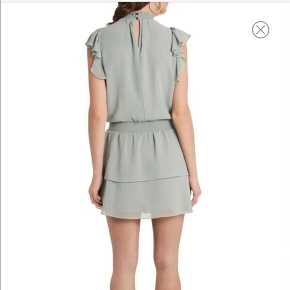 Women's L NWT 1. STATE. Smocked Mock Neck Dress Flutter Sleeve Mini - Picture 2 of 10